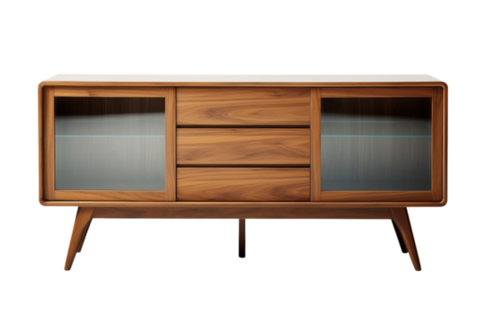 Enchanted Forest: A Wooden Cabinet With Glass Doors and Legs on Transparent PNG Background.