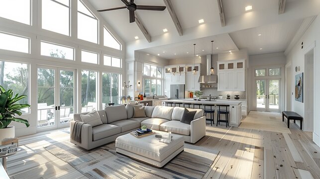 The living room in an open concept home with white walls, grey couches, a ceiling fan on vaulted ceilings, a kitchen area to one side, an island bar centered between cabinets. Generative AI.