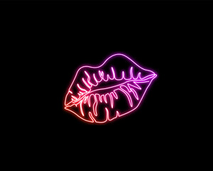 Neon light glow of female lips. Continuous one line drawing of sexy lips.