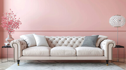 A modern sofa against a light pink wall backdrop featuring stylish decor, interior accessories, and a panoramic view of a luxurious living room.