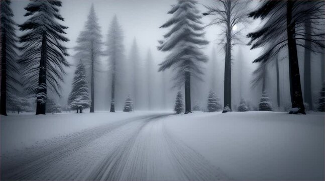 Winter landscape in the mountains, snow blankets trees in a serene forest, under a blue sky, creating a beautiful winter snow scene.