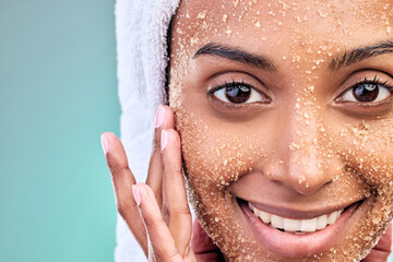 Woman face, beauty and salt scrub with skin care, exfoliation and wellness or dermatology in...