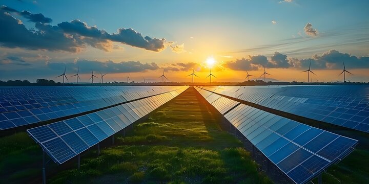 Solar wind powering future net zero climate action in ESGdriven world. Concept Sustainable Energy, Climate Action, ESG Investing, Net Zero, Solar Power