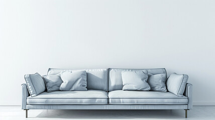 A sofa is situated against an empty white wall in the interior.