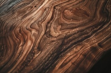 Fototapeta premium A close-up of walnut wood, showcasing its rich texture and warm tones. The background is plain to highlight the wooden surface