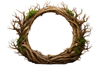 Enchanted Forest Wreath of Mossy Branches on Transparent PNG Background.
