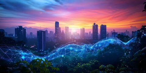 Fototapeta premium Balancing technology and nature to create green connectivity and sustainability. Concept Green Technology, Nature Conservation, Sustainable Living, Eco-Friendly Innovations, Environmental Protection