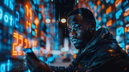 Black man in a suit with glowing digital icons representing information and technology