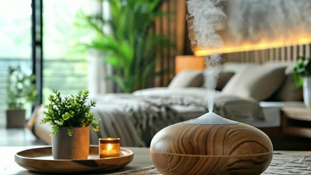 slow motion Steam cloud from electric aroma diffuser in room creating a cozy atmosphere. Concept Aroma Diffuser, Steam Cloud, Cozy Atmosphere, Room Decor, Electric Device