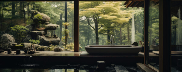 Tranquil Japanese Bathroom Oasis with Forest View