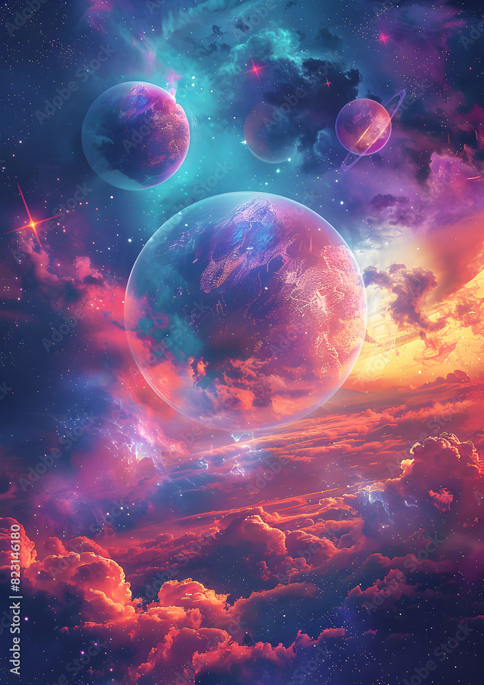 Wall mural a colorful space scene with three planets and mountains