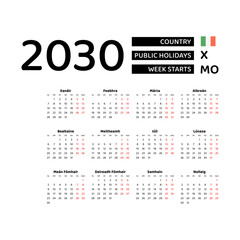Calendar 2030 Irish language with Ireland public holidays. Week starts from Monday. Graphic design vector illustration.