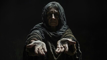 A crone in rags holding out two empty hands totally black background, An older woman with her hands outstretched