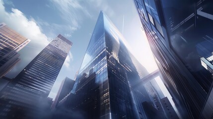 An angled view of a futuristic office tower with glass facades, with the sky and neighboring buildings mirrored on its surface, emphasizing modern architectural aesthetics