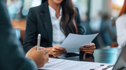 A job seeker presenting their portfolio and credentials to a group of potential employers, showcasing their skills and experiences during a professional job interview