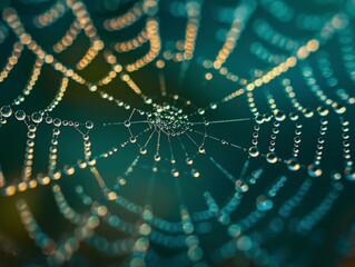 Fototapeta premium Macro photo of a spider web adorned with dew drops, capturing beautiful bokeh and intricate details of nature's delicate structure.
