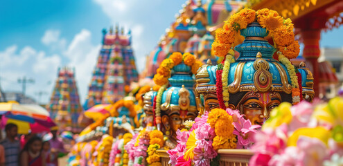 Fototapeta premium Colorful Rath Yatra festival with decorated chariots and idols.