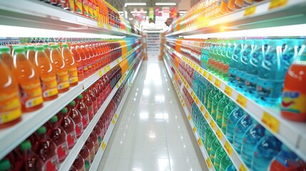 The floor in the grocery soda aisle. The grocery soda aisle is bright and colorful with white floor. Generative AI.