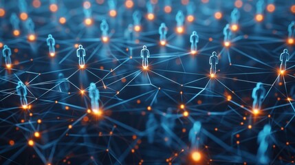 Create an image showcasing human connections, with each person interconnected by a glowing blue wireframe pattern, copy space. Generative AI.
