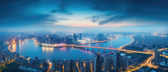 Obraz premium Twilight Brilliance: Urban Skyline and Waterways