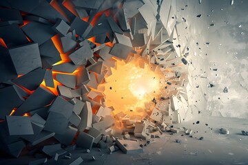 Abstract background. Collapse of the wall. Falling fragments. Destruction. Explosion.