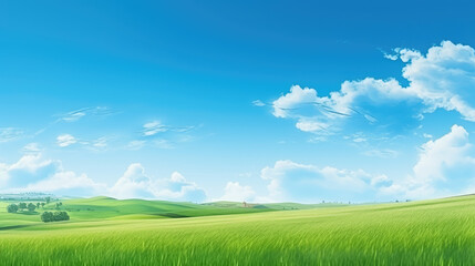 Fototapeta premium Serene Green Meadow Under Clear Blue Skies