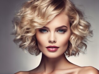 Fototapeta premium A woman with blonde hair and blue eyes is smiling