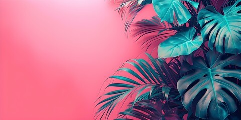 Obraz premium Neon pink and teal 80s retro design with tropical palm leaves. Concept 80s Retro Design, Neon Pink, Teal, Tropical Palm Leaves