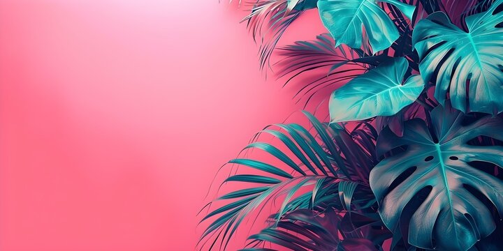Neon pink and teal 80s retro design with tropical palm leaves. Concept 80s Retro Design, Neon Pink, Teal, Tropical Palm Leaves