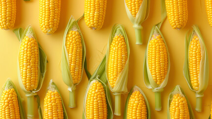 Fresh corns arranged in a beautiful pattern on a simple background.
