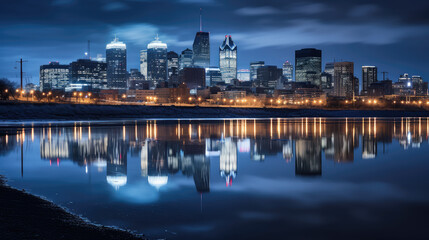 Naklejka premium Serene City Night Reflections on Water