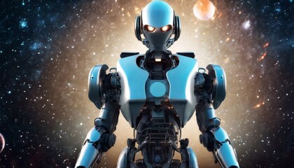 Fototapeta premium A futuristic robot with a sleek design and glowing eyes stands prominently in an outer space environment, illuminated by distant stars and planets.. AI Generation