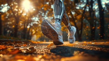 A closeup of an amputee runner's leg with bionic prosthetic, showcasing the advanced technology and motion in action during running on track