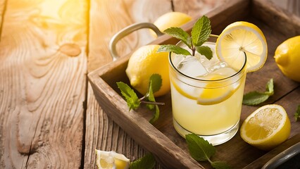 Fototapeta premium Classic sour and sweet homemade lemonade drink summer cold iced beverage rustic wooden background in white tray top view