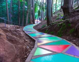 path of beautiful brightly colored luminous glass paved with stained glass winding through the forest