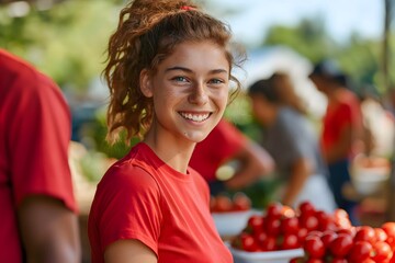 A young woman with curly hair smiles while volunteering in a garden with others in red shirts