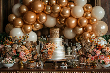 A luxurious anniversary setting with ceiling balloons cascading down, a centerpiece of orchids and...