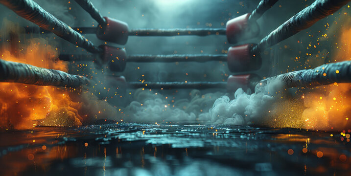 Boxing ring, dynamic shot, colored dust, black background. Generative AI.