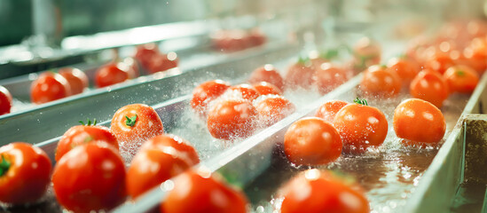fresh tomatoes on automated machine sorting line, Modern agricultural technology