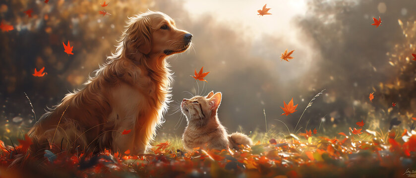 golden retriever dog and cat sitting in the park, sun shines beside them
