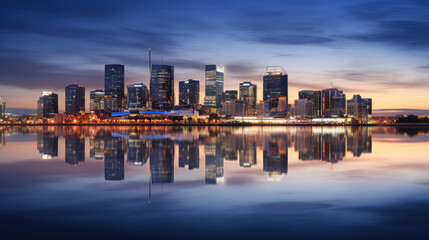 Fototapeta premium Urban Twilight Serenity: Reflective City Skyline