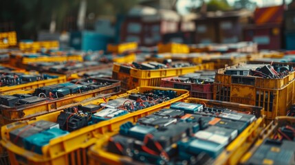 Obraz premium A red semi truck is parked in a lot of other semi trucks