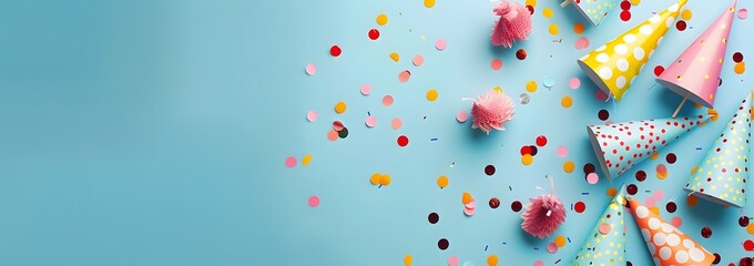 Colorful party hats and confetti on blue background