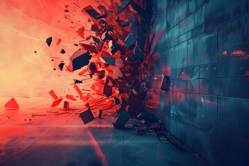 Abstract background. Collapse of the wall. Falling fragments. Destruction. Explosion.