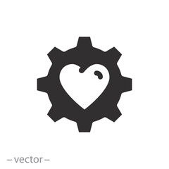 love mechanical technology icon, gear with heart, engineering passion, flat symbol on white background - vector illustration