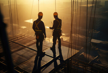 Fototapeta premium Construction Experts Overseeing Urban Development at Sunset