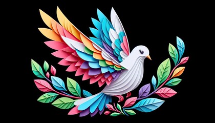 Fototapeta premium Colorful papercut pigeon with layered feathers on black background