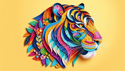 Colorful papercut tiger head profile with floral and leaf patterns on a yellow background