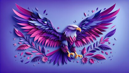 Majestic Papercut Eagle with Colorful Feathers on Purple Background