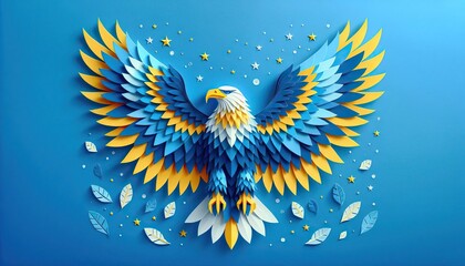 Obraz premium Papercut bald eagle with outstretched wings, blue and yellow feathers, and surrounded by stars and leaves on a blue background